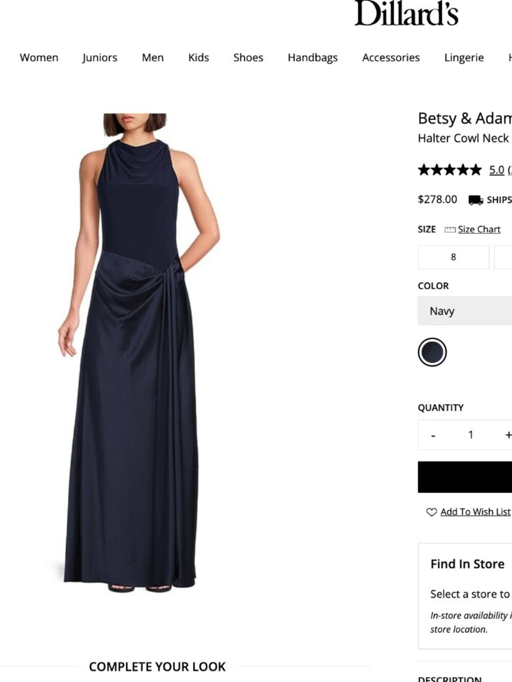 NWT Betsy & Adam Navy Halter Cowl Neck Ruched Gown Size 6